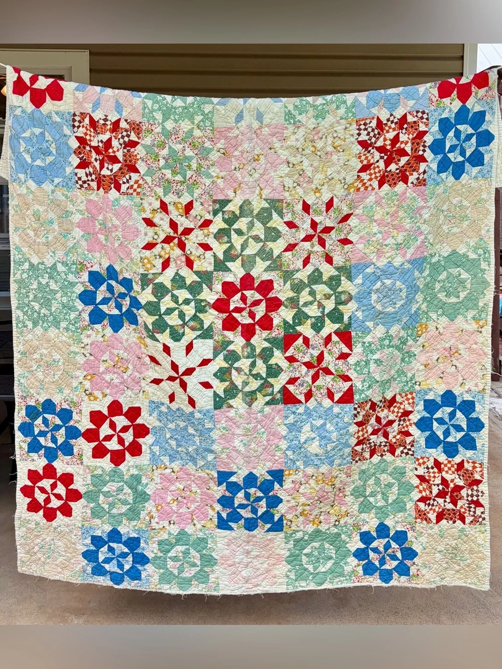 Vintage Feedsack Hand-Stitched La Conner Stars Quilt - 72x57
